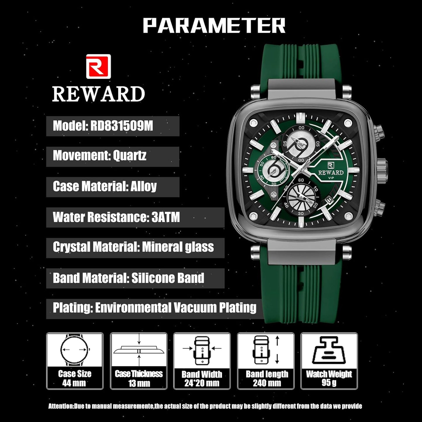 REWARD VIP Men's Chronograph Watch – Green Silicone Strap, Multi-Dial Analog Display